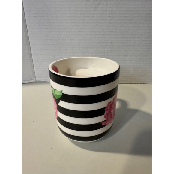 Betsey Johnson Black/Pink Striped Floral Mug with White Heart Shaped Handle - Picture 3 of 8